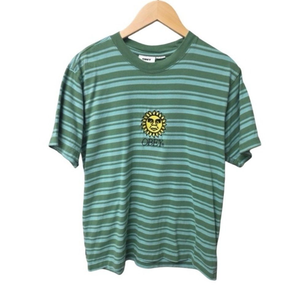 Obey Sunshine Stripe Heavyweight T-shirt Green Mens M Streetwear Cotton Skater